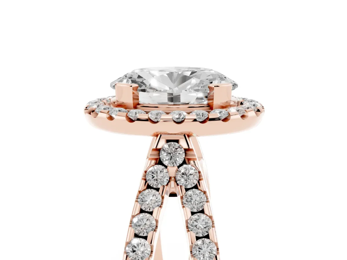 Oval Cut Diamond Halo Ring with Split Shank Pavé Band and Prong Setting Rose gold