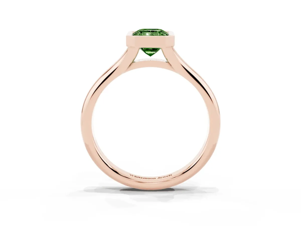 Fancy Green Bezel Set Emerald Cut Solitaire Diamond Ring with Smooth Band Rose gold