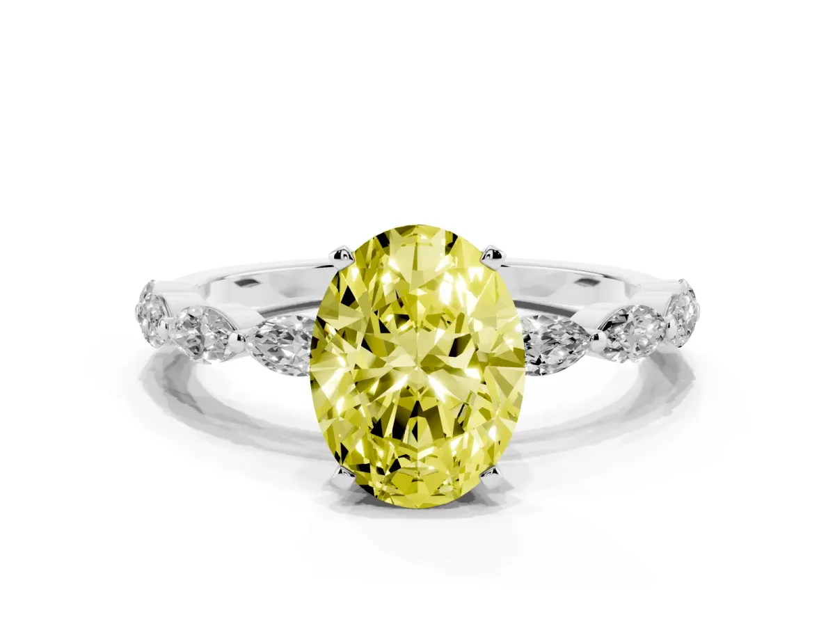 Fancy Yellow Oval Cut Diamond Ring with Marquise Side Stones and Prong Setting Platinum