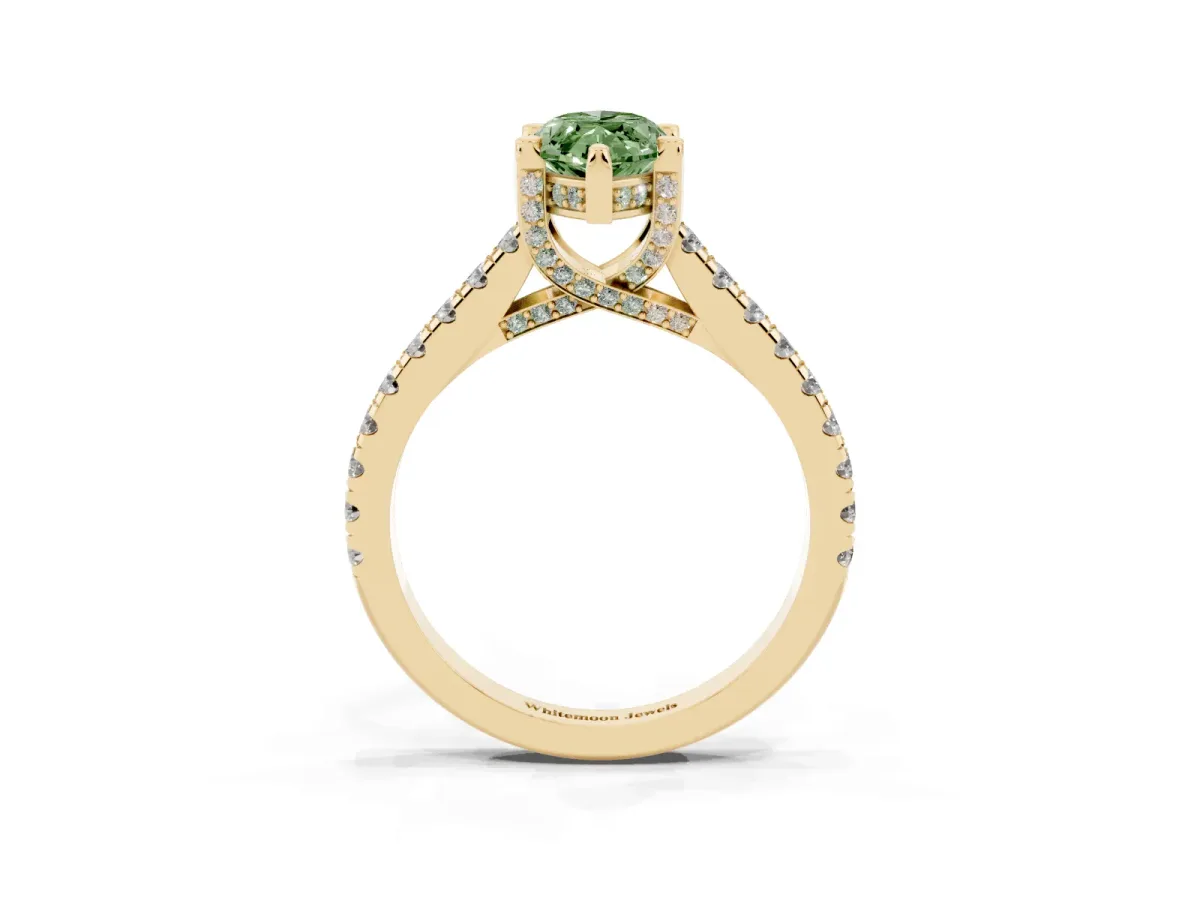 Fancy Green Marquise Cut Brilliant Diamond Solitaire with Pavé Band and Four-Prong Setting Yellow gold
