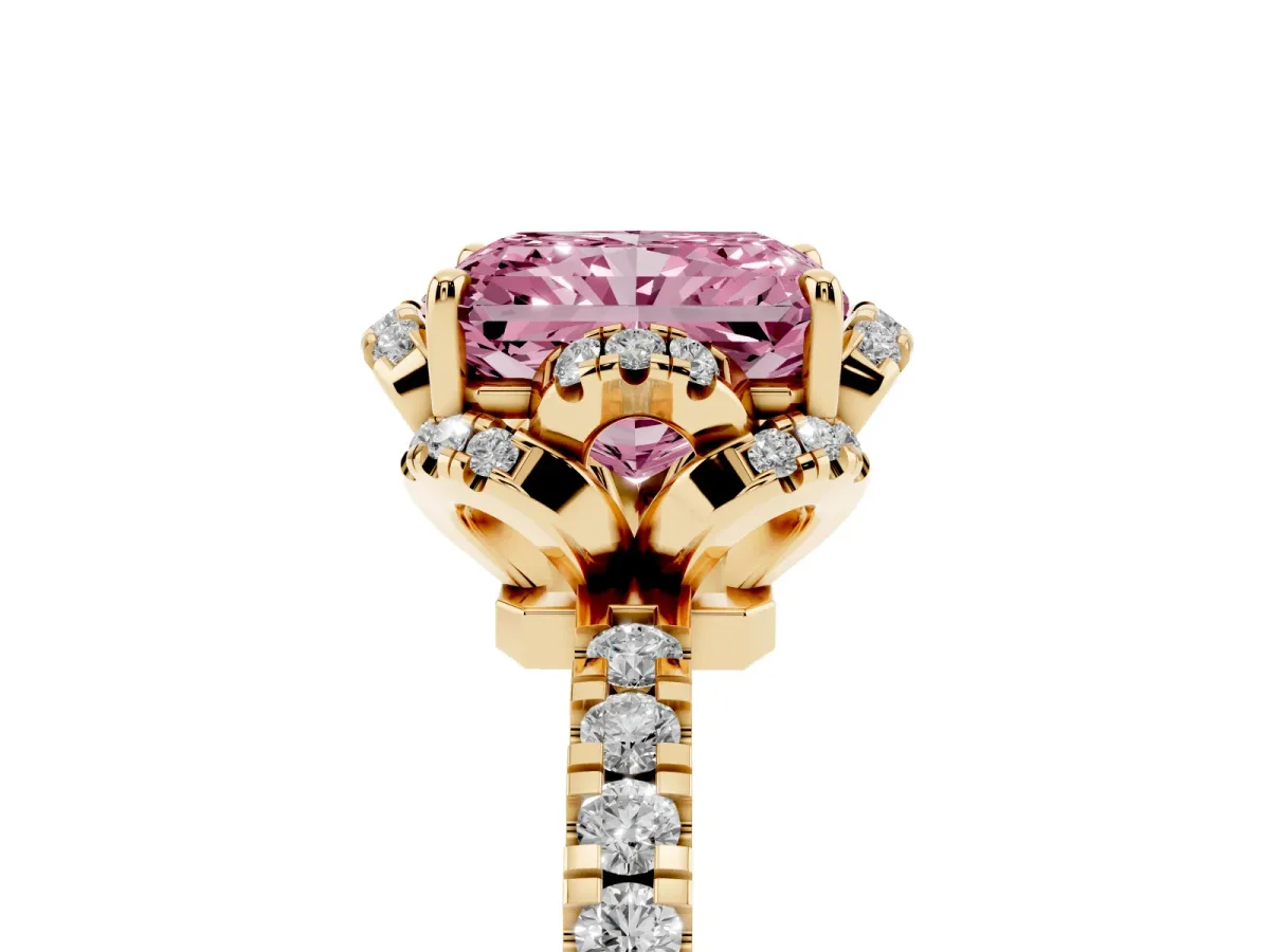 Fancy Pink Radiant Cut Halo Diamond Pave Band Ring with Four-Prong Setting Yellow gold