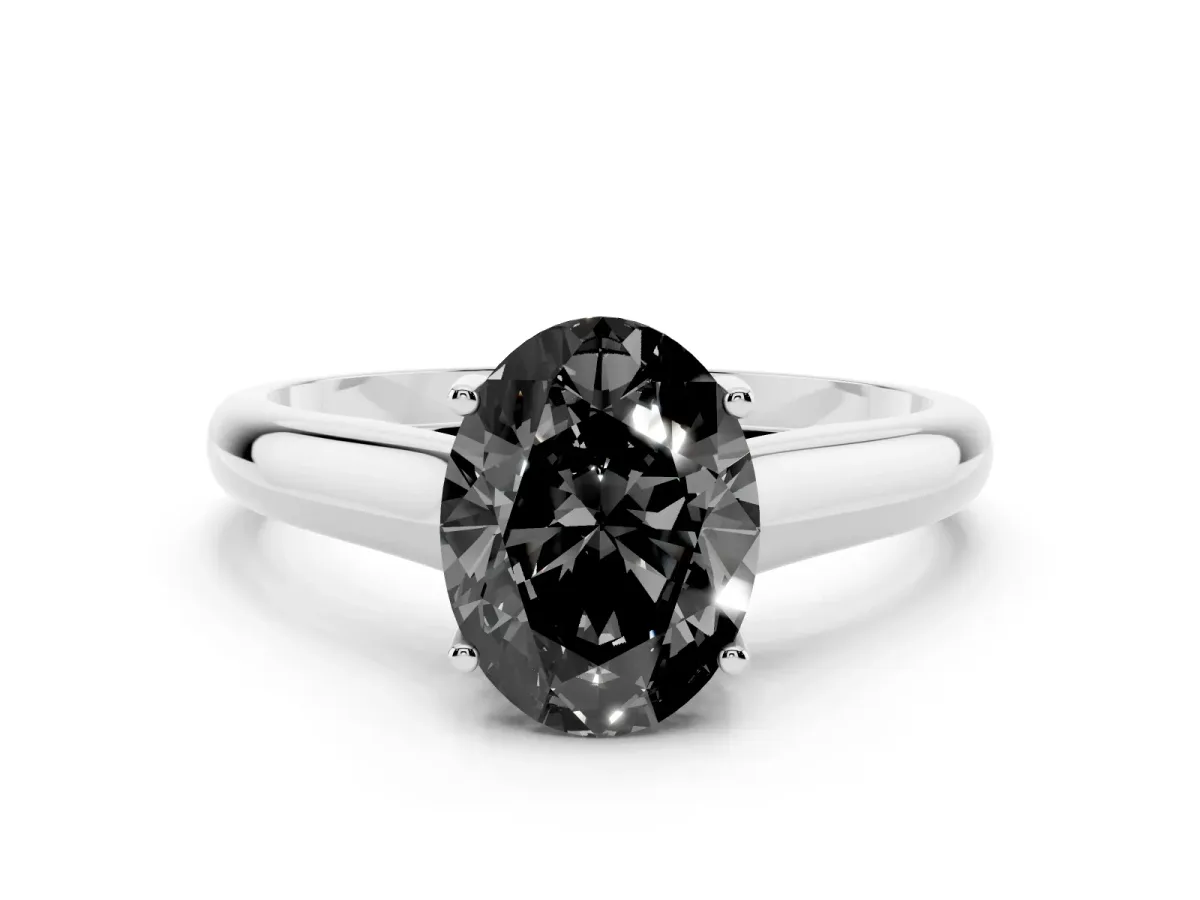 Fancy Black Oval Cut Solitaire Engagement Ring with Tapered Band and Four-Prong Setting Platinum