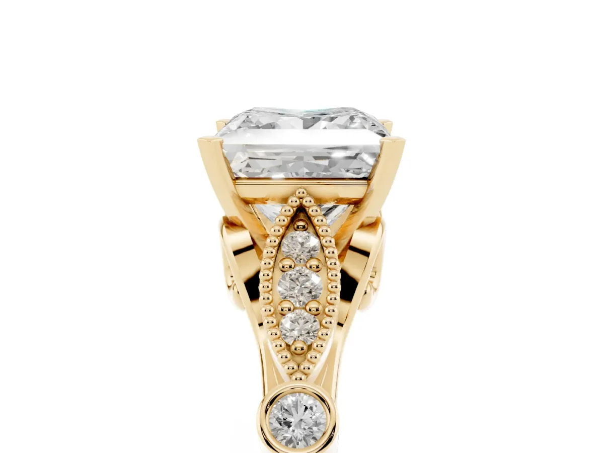 Princess Cut Cut Diamond with Milgrain Marquise and Bezel Accents on a Solitaire Band with Prong Setting Yellow gold