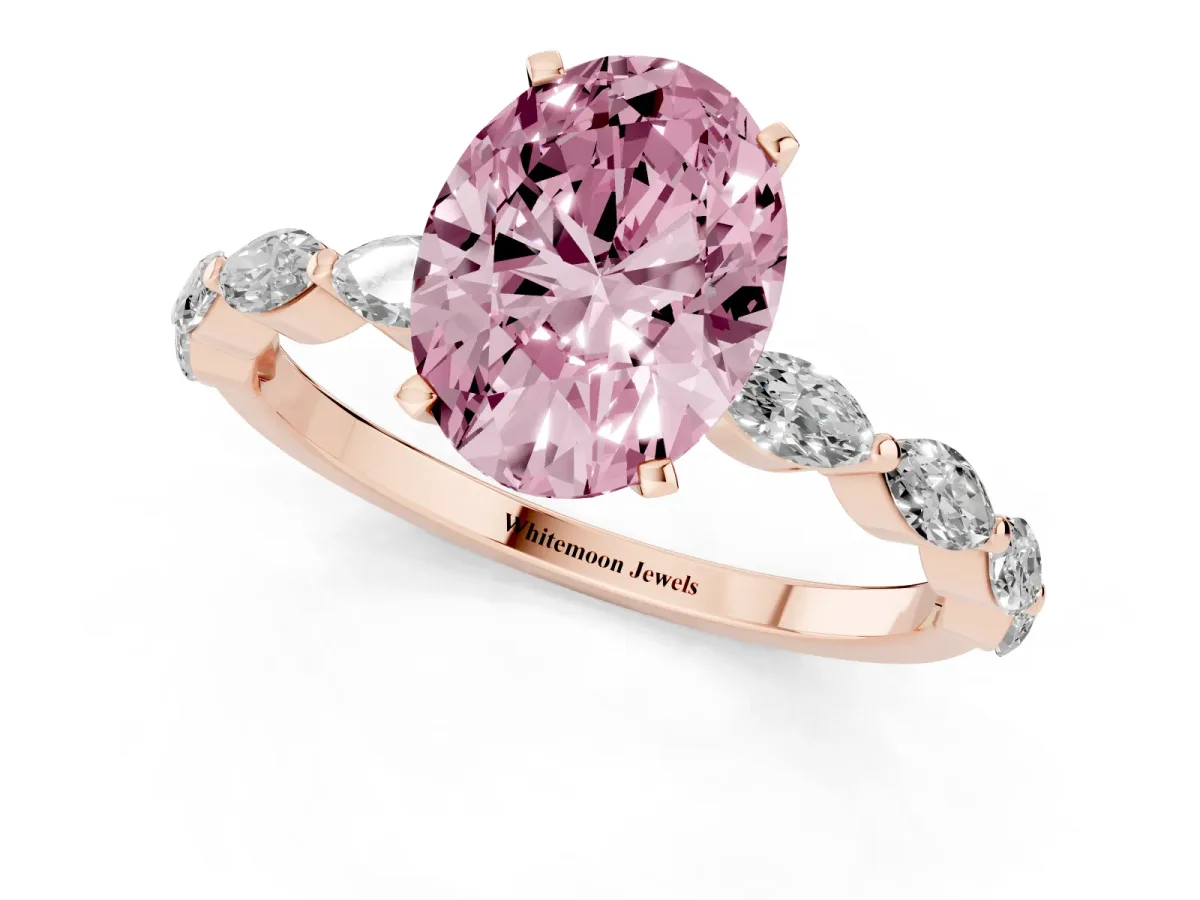 Fancy Pink Oval Cut Diamond Ring with Marquise Side Stones and Prong Setting Rose gold