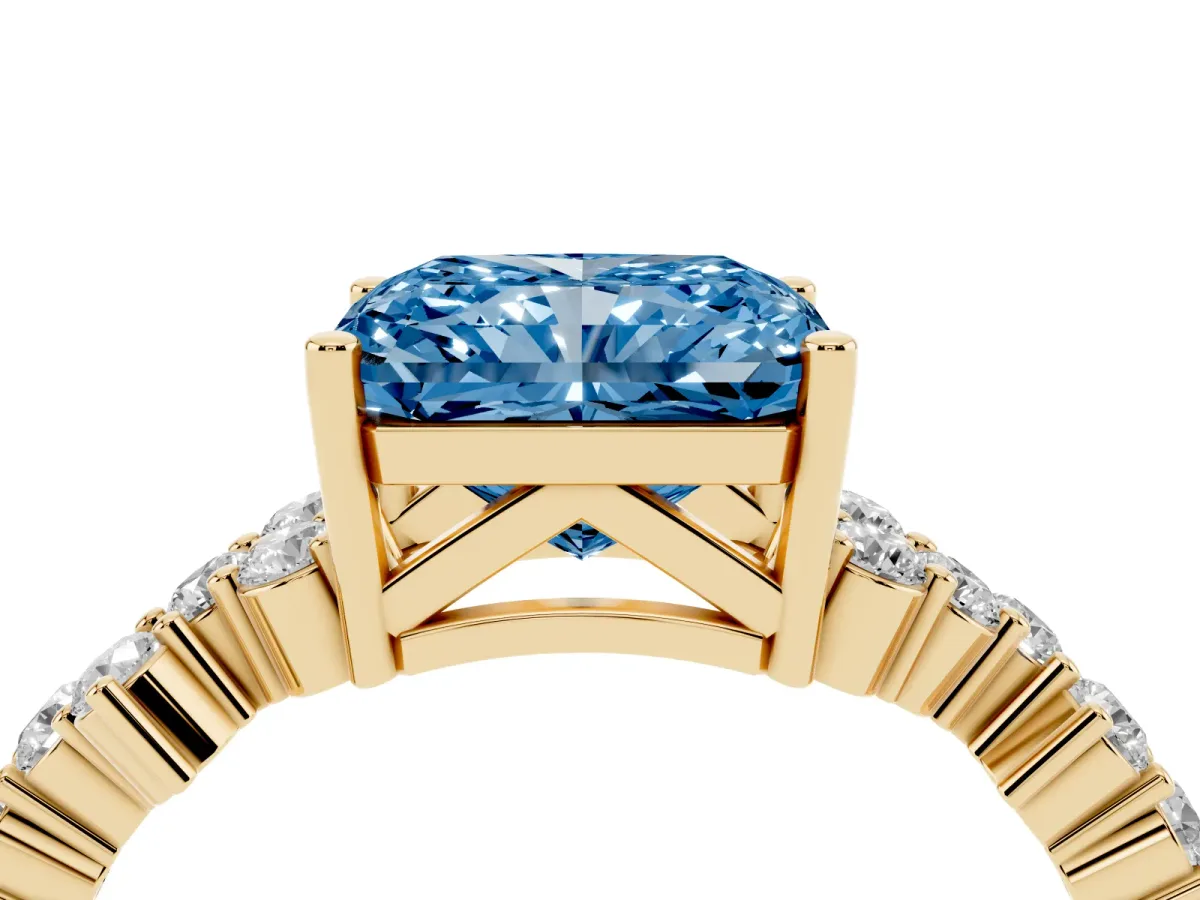 Fancy Blue Radiant Cut Diamond Scattered Round Accent Ring with Prong Setting Yellow gold