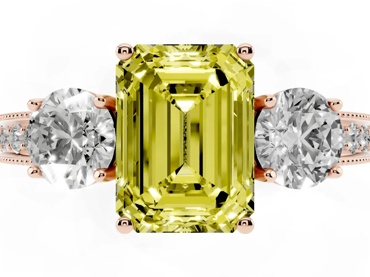 Fancy Yellow Emerald Cut Three-Stone Diamond Ring with Pavé Band and Four-Prong Setting Rose gold