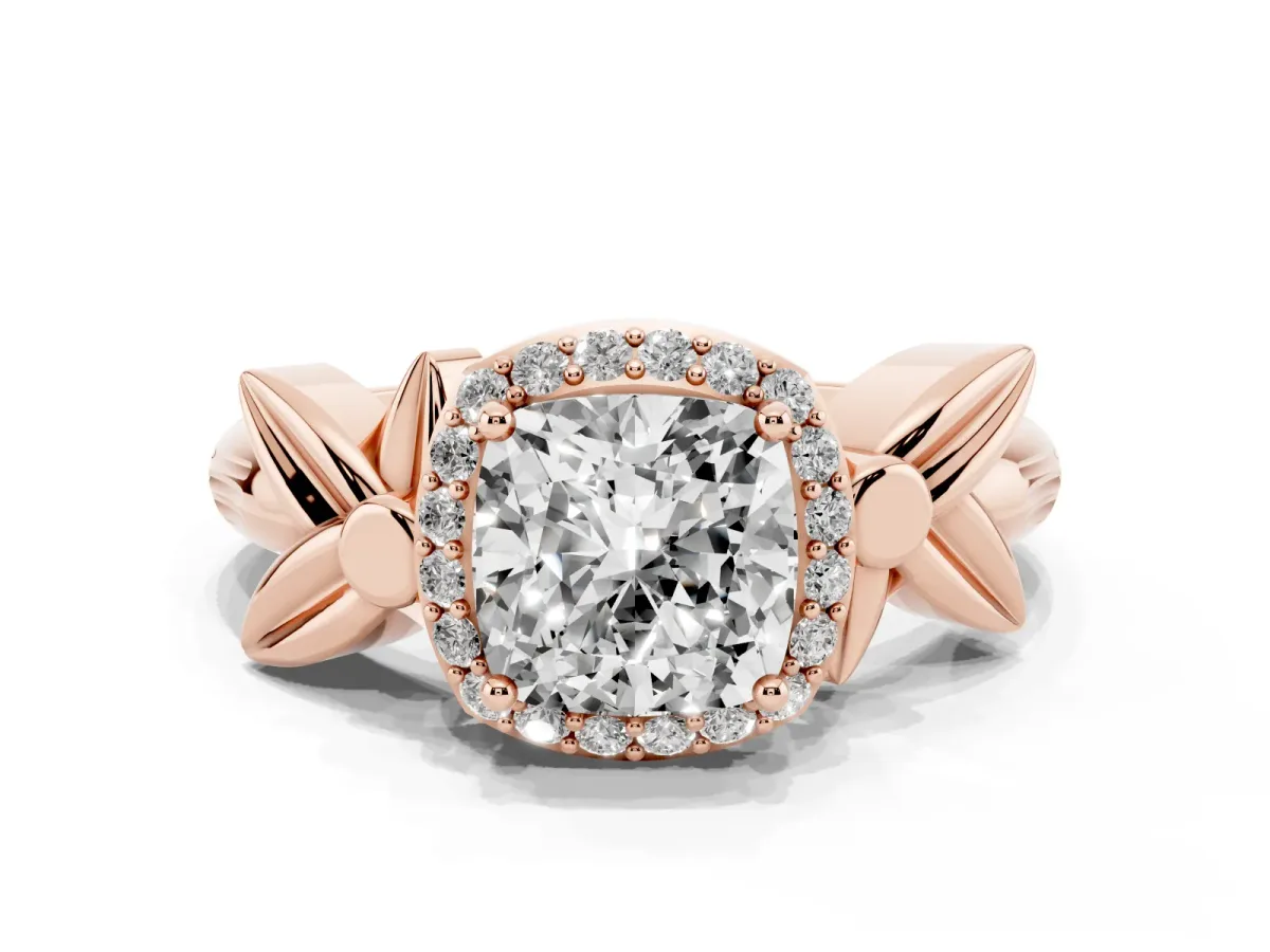 Cushion Cut Halo Diamond Floral Band with Four-Prong Setting Rose gold