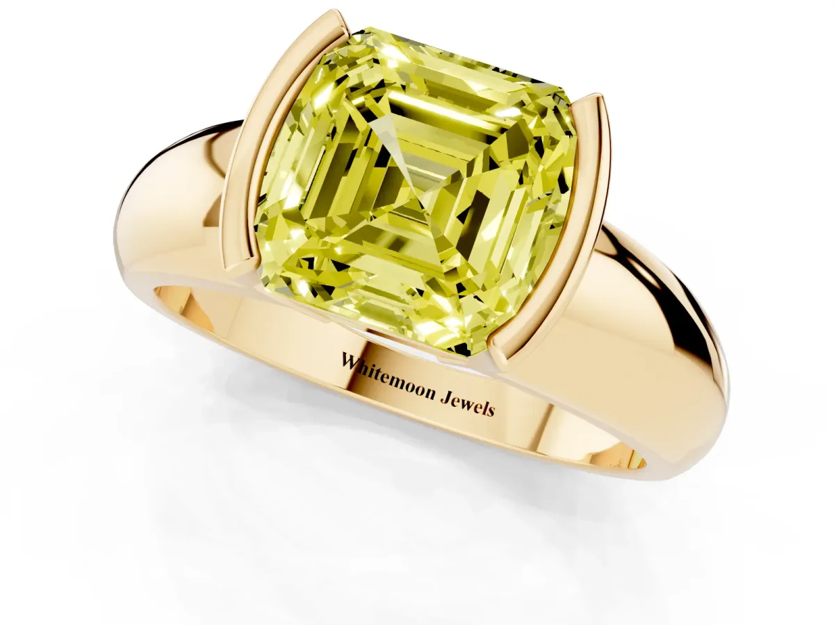Fancy Yellow Asscher Cut Solitaire Tension Set Diamond Ring with Wide Band Yellow gold