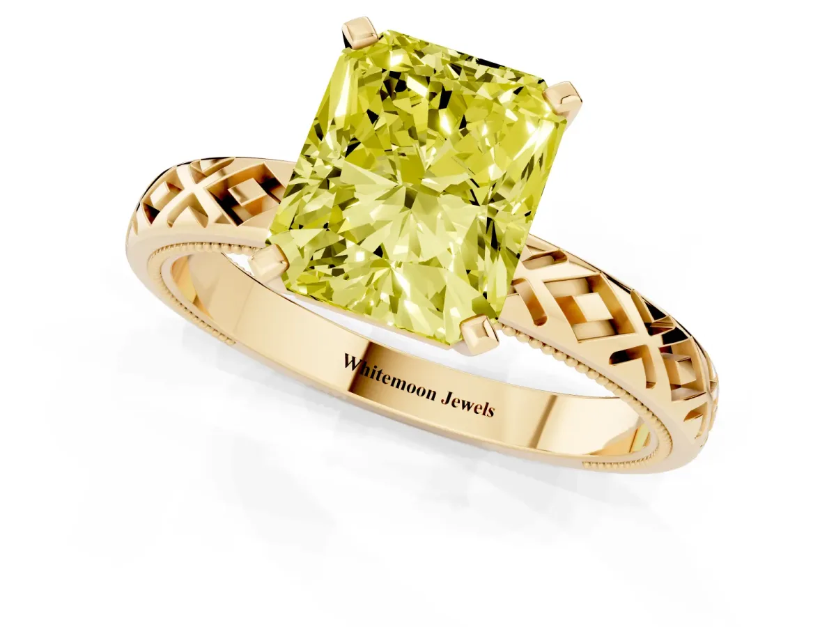 Fancy Yellow Radiant Cut Solitaire Diamond Ring with Milgrain and Black Enamel X Pattern Band Yellow gold