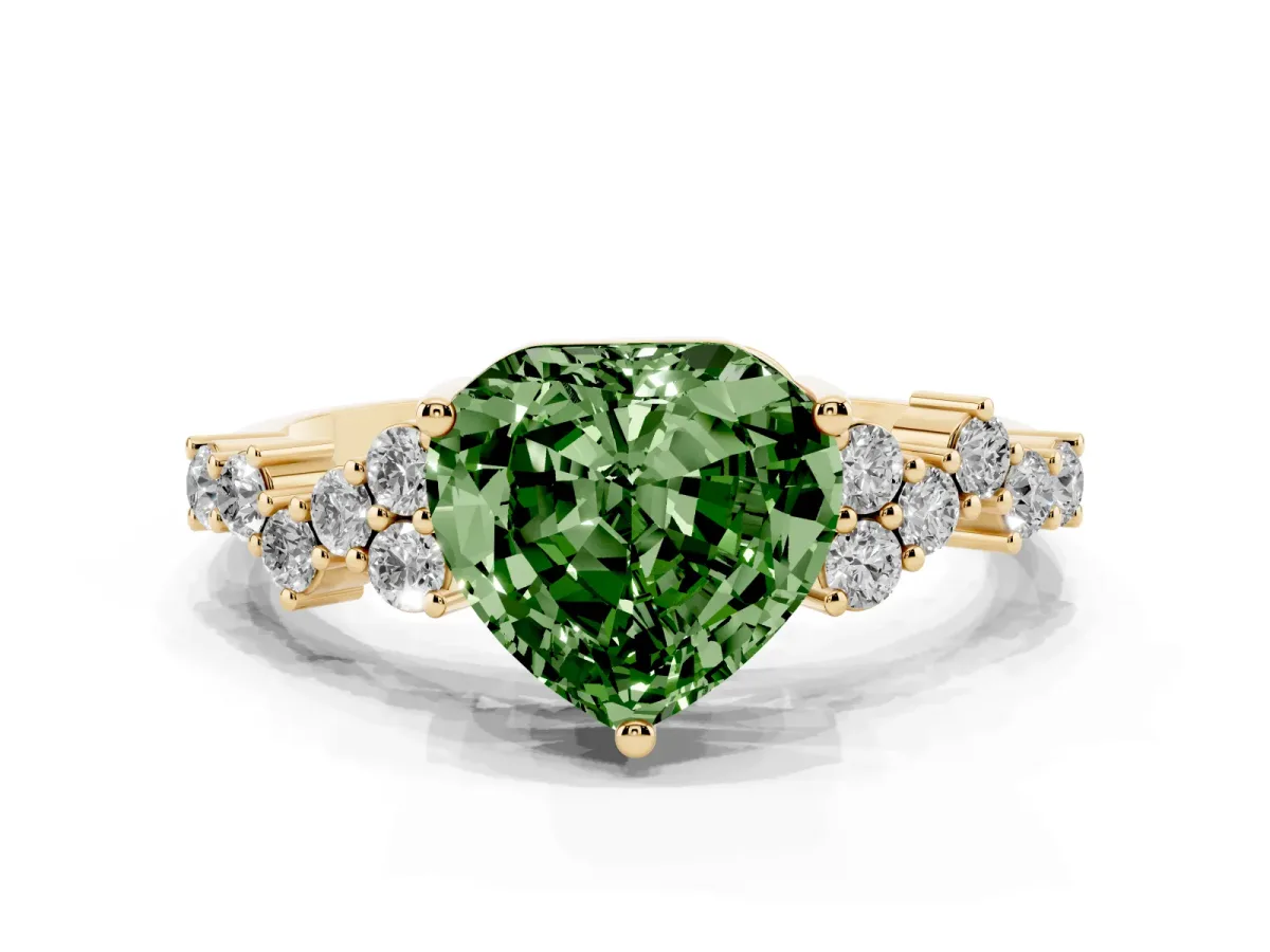 Fancy Green Heart Cut Diamond Scattered Round Accent Ring with Prong Setting Yellow gold