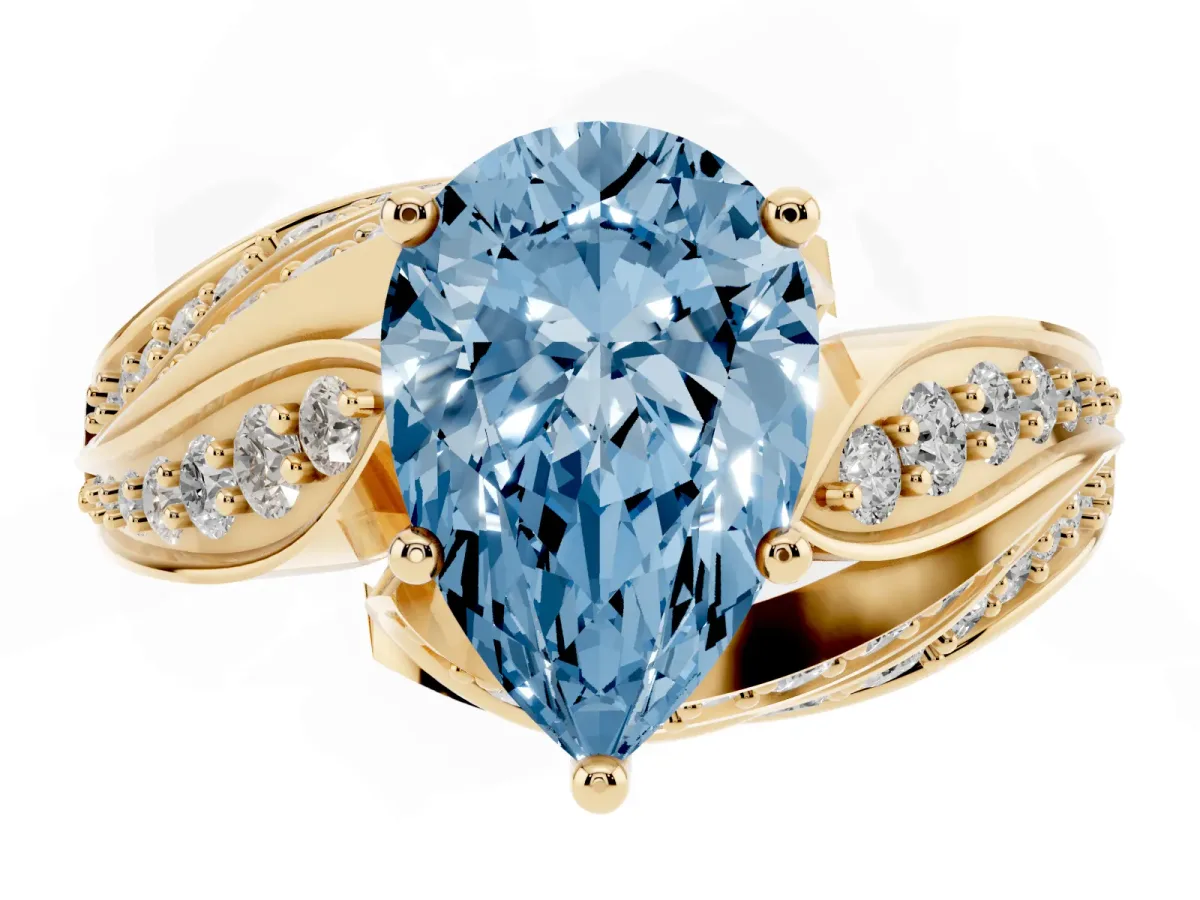 Fancy Blue Pear Cut Diamond Solitaire Ring with Prong Setting and Twisted Pavé Band Yellow gold