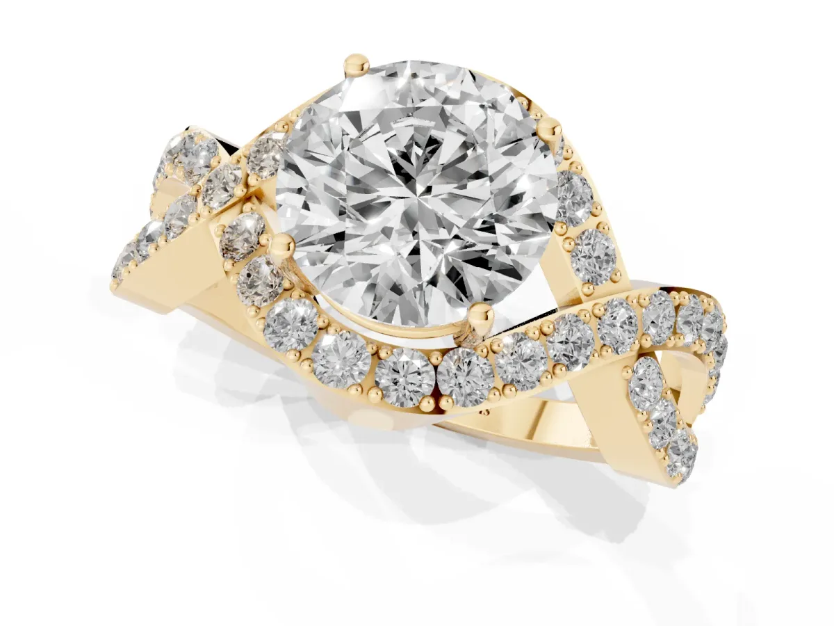 Round Cut Solitaire Twist Band Pavé Diamond Engagement Ring Yellow gold