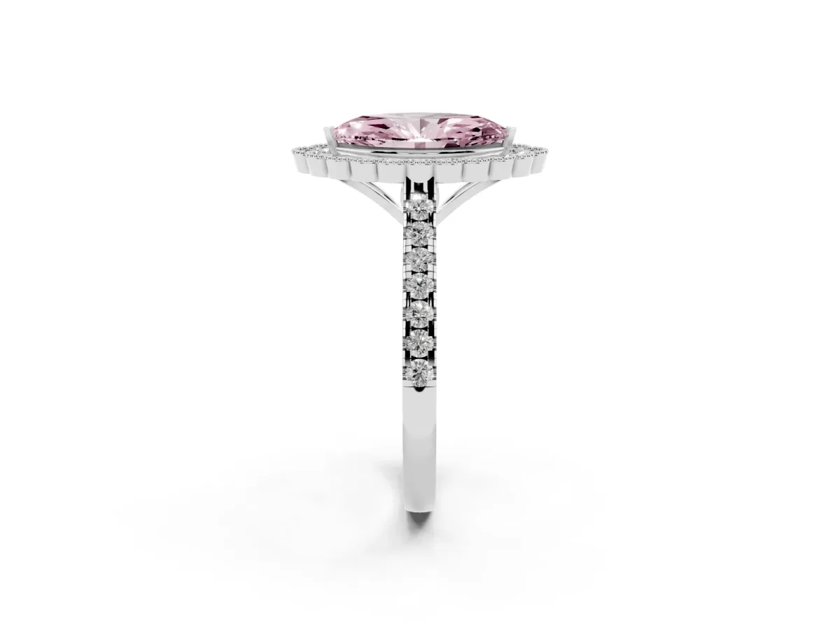 Fancy Pink Marquise Cut Cut Diamond Milgrain Floral Halo Engagement Ring with Pavé Band Silver