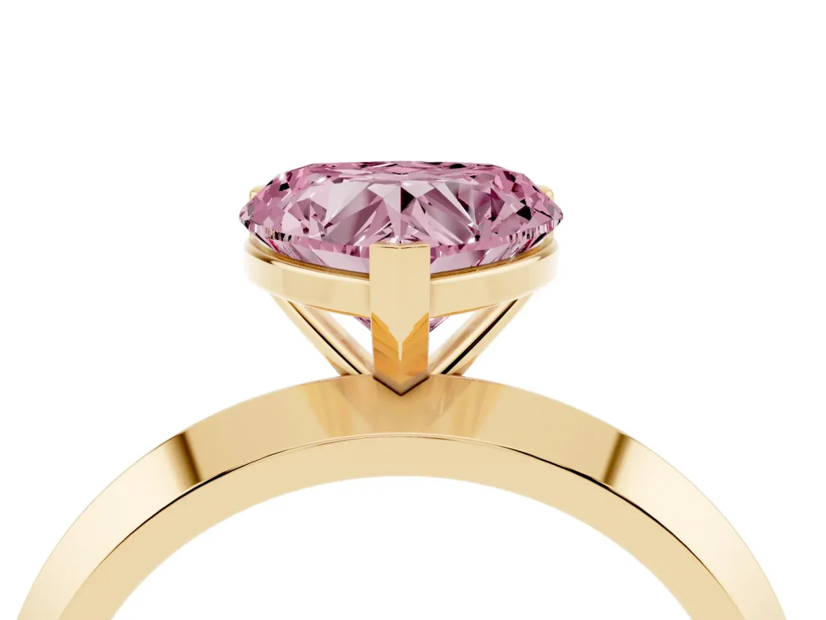 Fancy Pink Heart Cut Cut Solitaire Engagement Ring with Flat Band and Four-Prong Setting Yellow gold