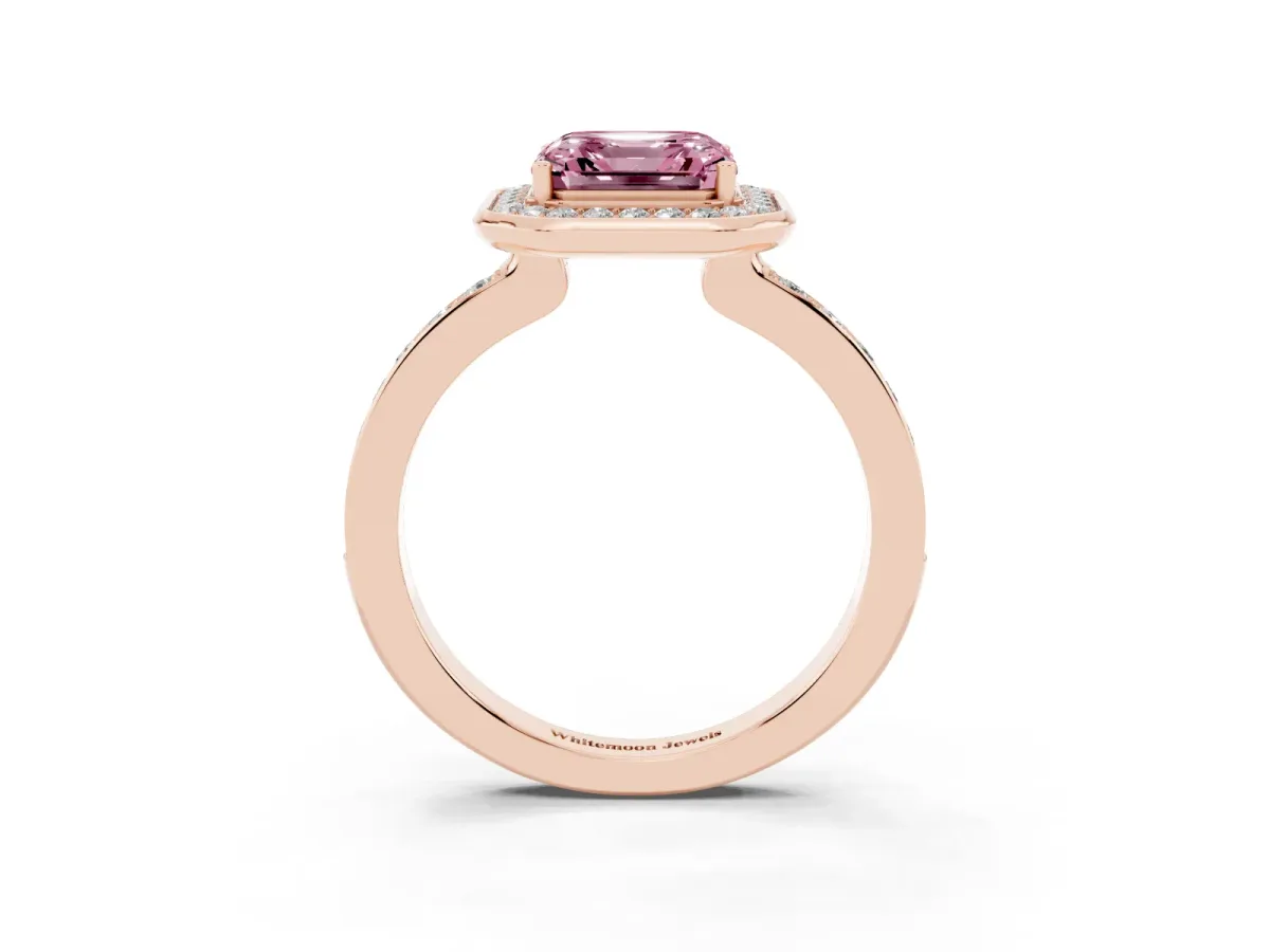 Fancy Pink Asscher Cut Diamond Halo Ring with Bezel Frame and Pavé Band Rose gold