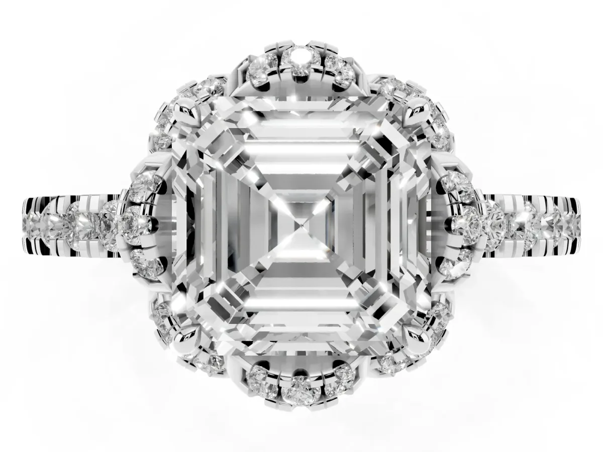 Asscher Cut Halo Diamond Pave Band Ring with Four-Prong Setting Silver