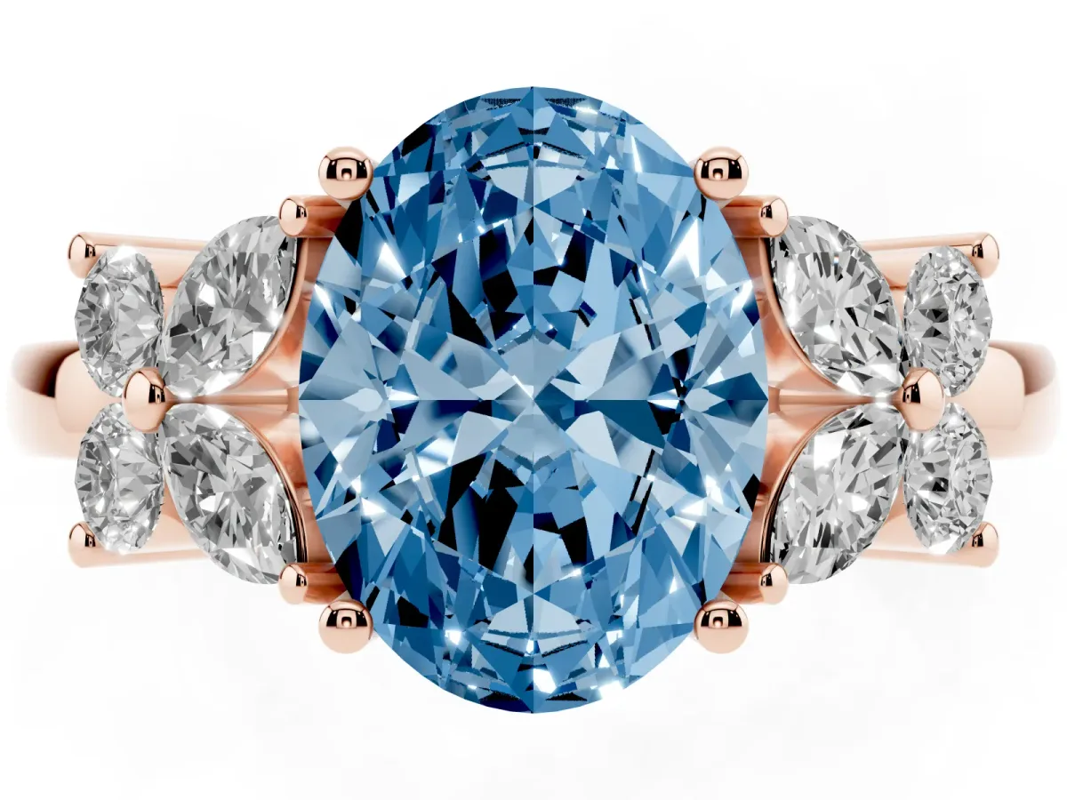 Fancy Blue Oval Cut Diamond Floral Cluster Ring with Solitaire Band and Prong Setting Rose gold