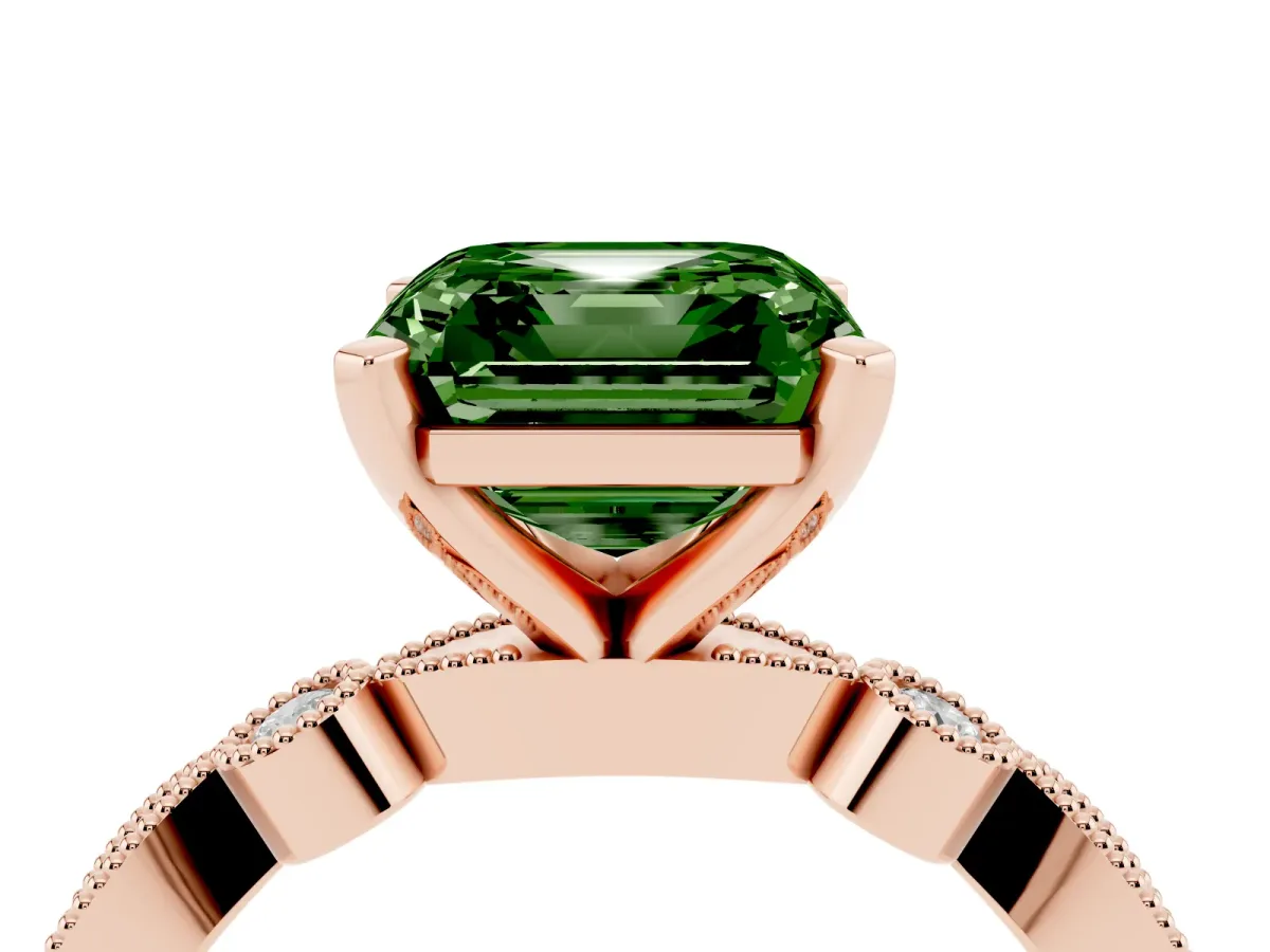 Fancy Green Asscher Cut Milgrain Bezel Diamond Engagement Ring with Solitaire Prong Setting Rose gold