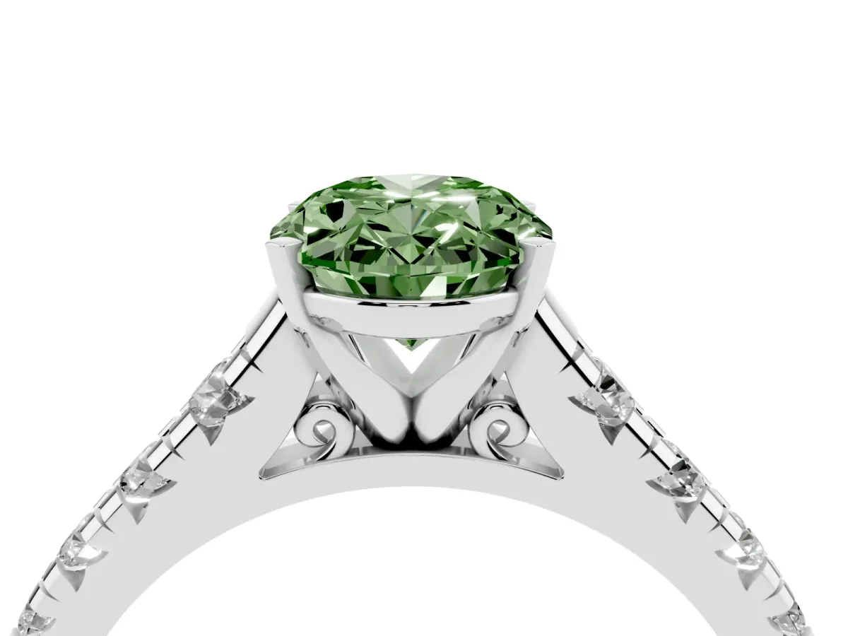 Fancy Green Oval Cut Diamond Cathedral Solitaire Ring with Round Pavé Band Silver