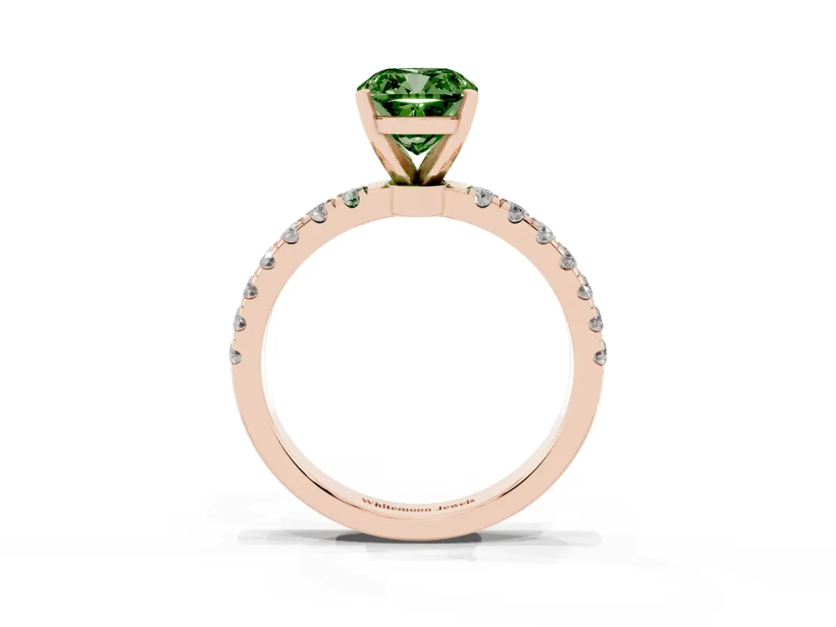 Fancy Green Cushion Cut Diamond Solitaire Ring with Pavé Accents and Four-Prong Setting Rose gold