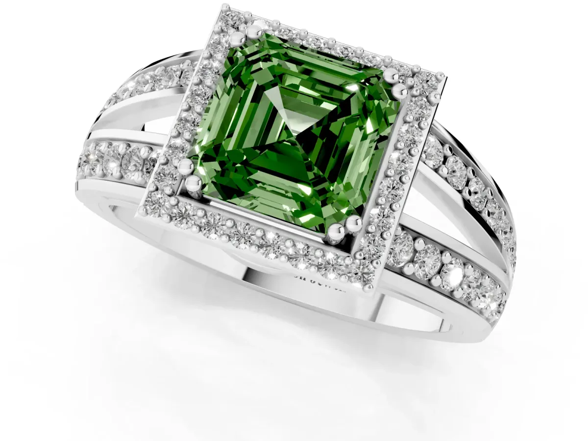 Fancy Green Asscher Cut Diamond Halo Ring with Split Shank Pavé Band and Four-Prong Setting Platinum