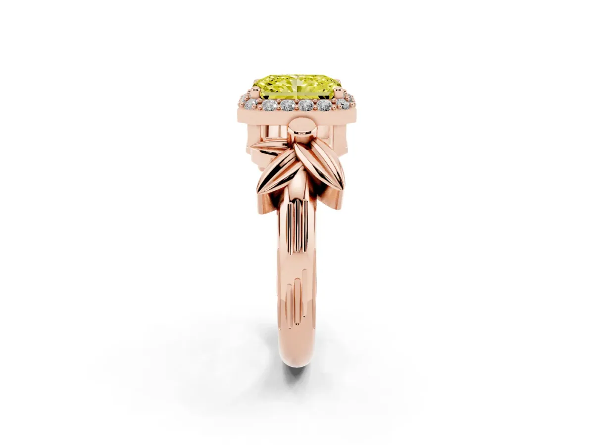 Fancy Yellow Radiant Cut Halo Diamond Floral Band with Four-Prong Setting Rose gold