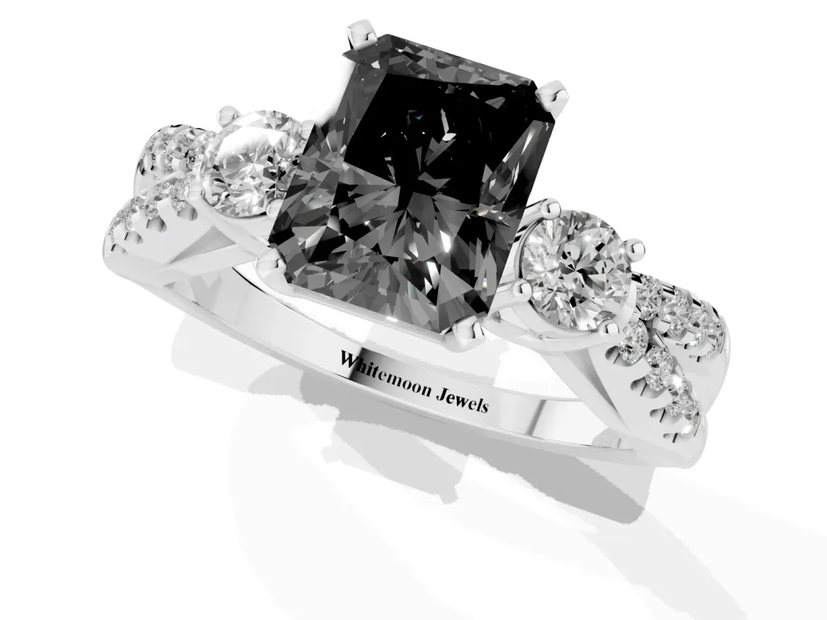 Fancy Black Radiant Cut Diamond Three-Stone Ring with Pavé Split Shank and Four-Prong Setting Silver