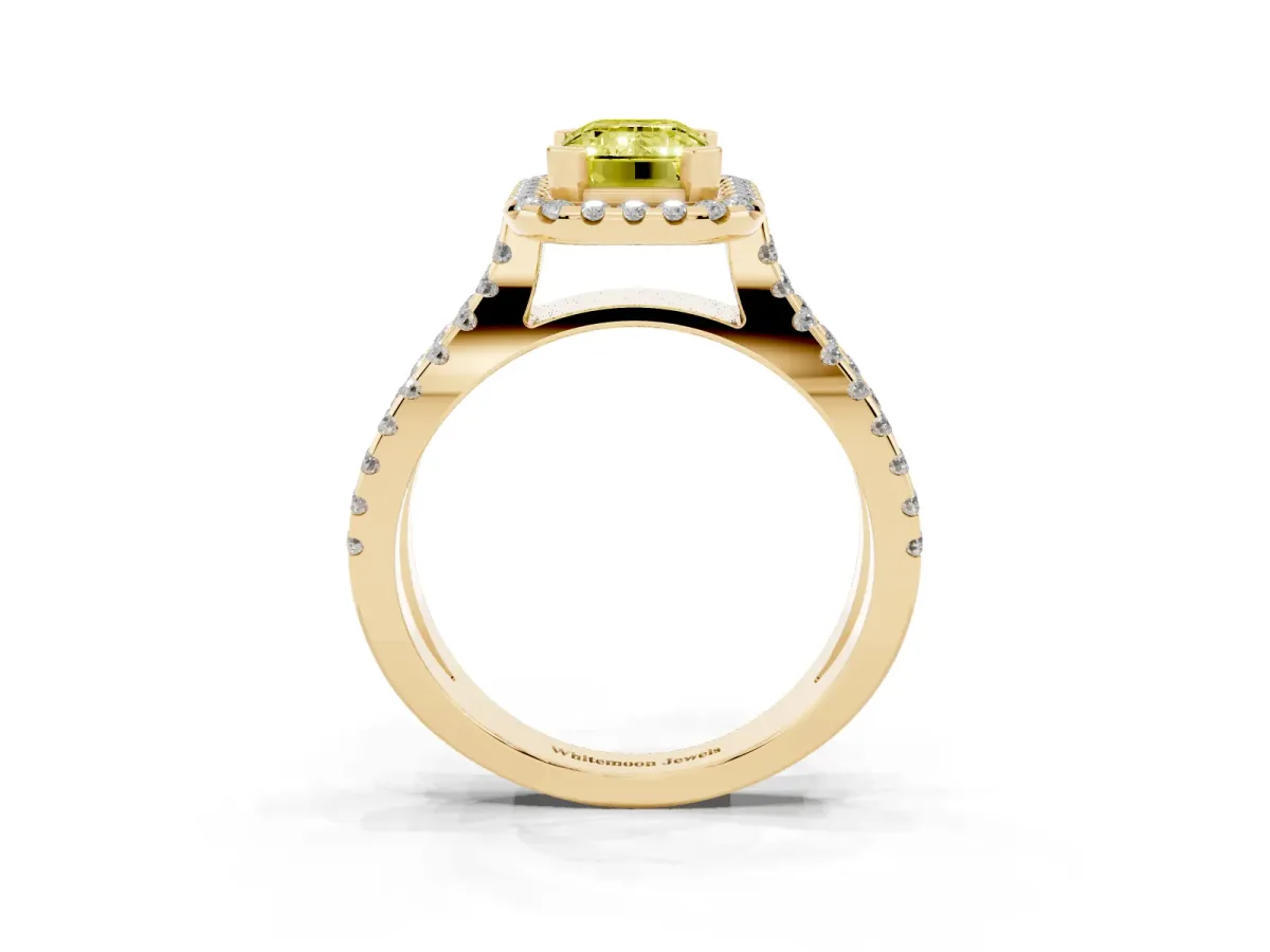Fancy Yellow Emerald Cut Diamond Halo Ring with Split Shank Pavé Band and Prong Setting Yellow gold