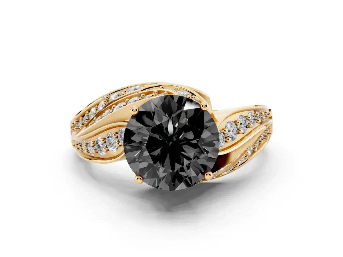 Fancy Black Round Cut Diamond Solitaire Ring with Prong Setting and Twisted Pavé Band Yellow gold