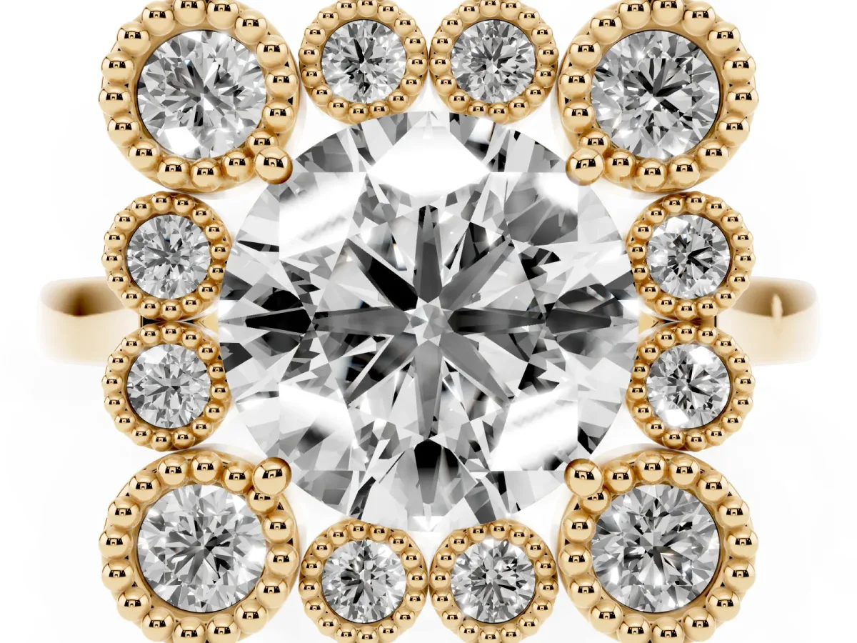 Round Cut Halo Diamond Cluster Engagement Ring with Milgrain Bezel Setting and Solitaire Band Yellow gold
