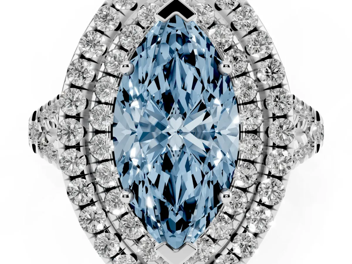 Fancy Blue Double Halo Marquise Cut Diamond Pavé Split Shank Ring with Prong Setting Platinum