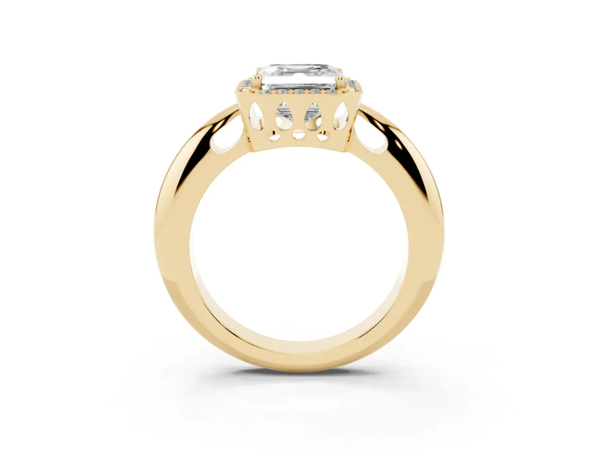 Asscher Cut Cut Diamond Halo Engagement Ring with Split Shank and Four-Prong Setting Yellow gold