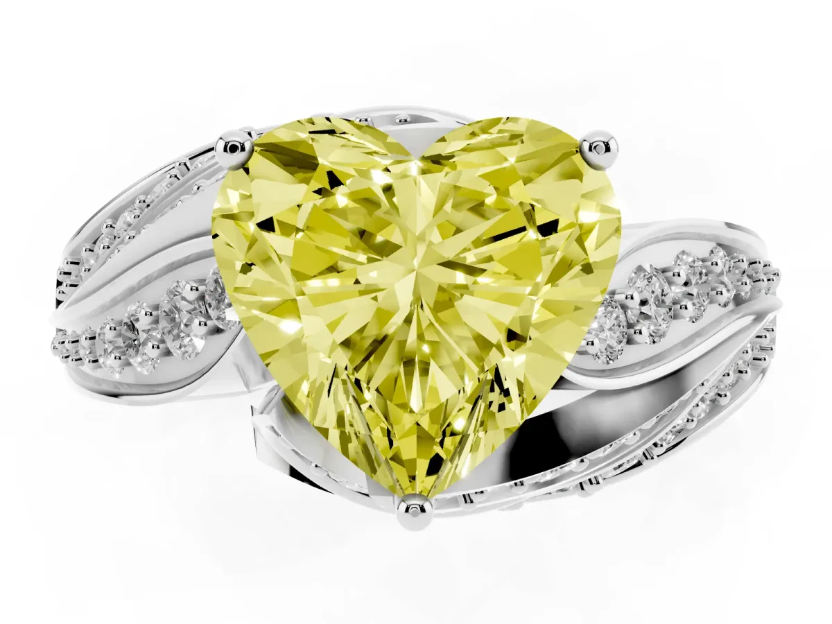 Fancy Yellow Heart Cut Diamond Solitaire Ring with Prong Setting and Twisted Pavé Band White gold