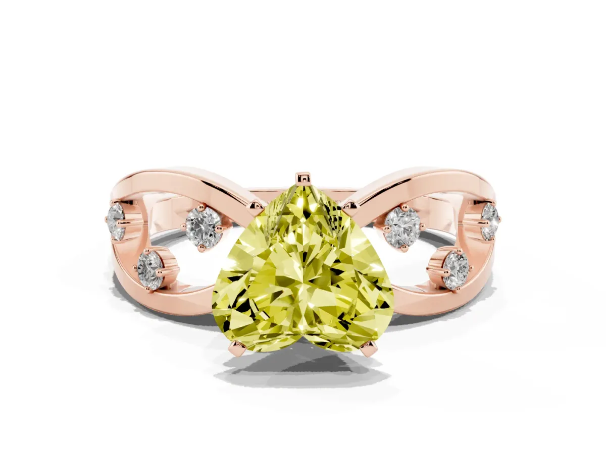 Fancy Yellow Heart Cut Cut Solitaire Diamond with Side Stones on Criss-Cross Band and Four-Prong Setting Rose gold