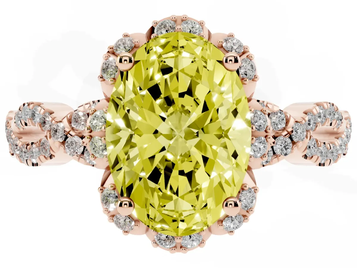 Fancy Yellow Oval Cut Halo Twist Band Solitaire Ring with Six-Prong Setting Rose gold
