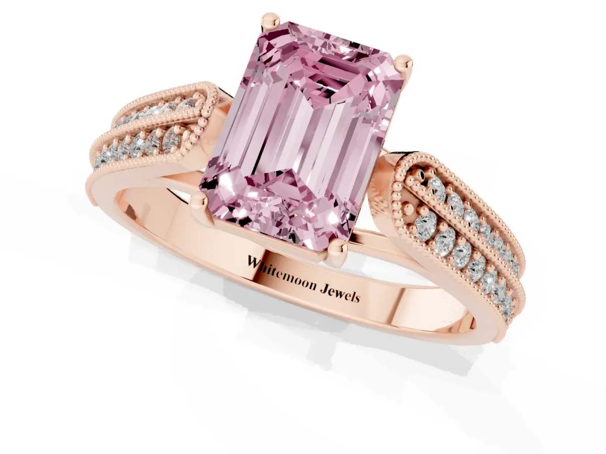 Fancy Pink Emerald Cut Cut Pave Split Shank Engagement Ring with Four-Prong Setting Rose gold