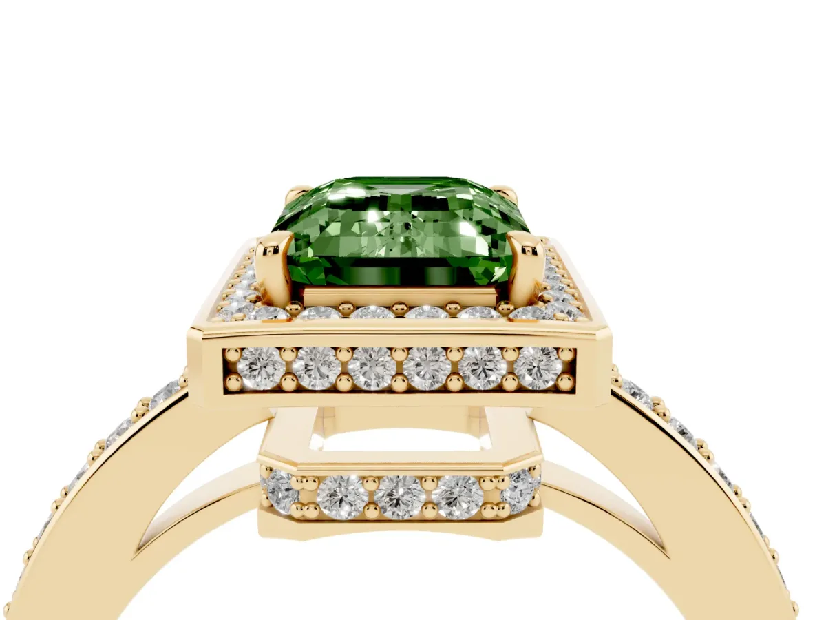 Fancy Green Emerald Cut Halo Pave Band Solitaire Ring with Prong Setting Yellow gold