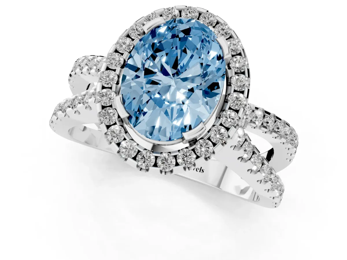 Fancy Blue Oval Cut Diamond Halo Ring with Split Shank Pavé Band and Prong Setting Silver