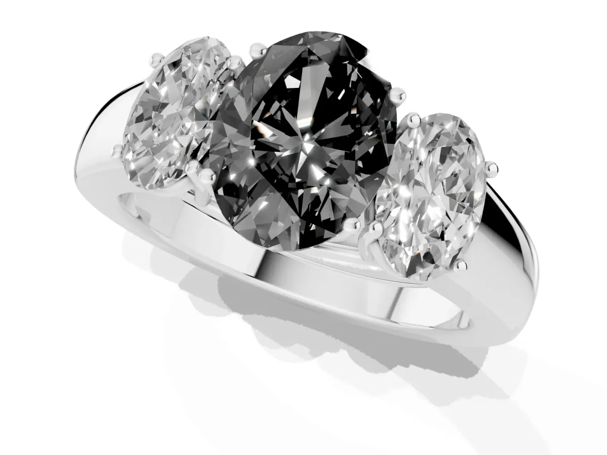 Fancy Black Three-Stone Oval Cut Cut Diamond Ring with Prong Setting and Classic Band White gold
