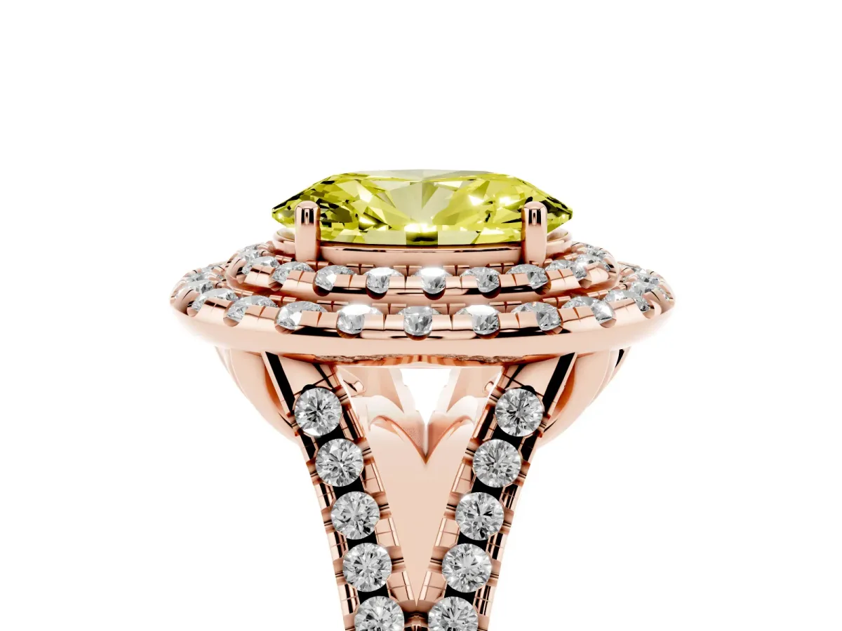 Fancy Yellow Double Halo Oval Cut Diamond Pavé Split Shank Ring with Prong Setting Rose gold