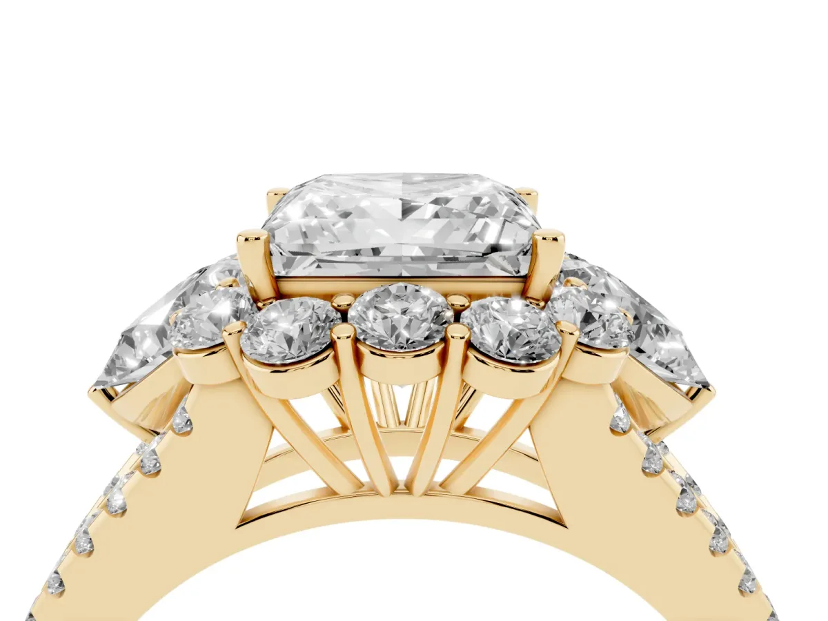Princess Cut Halo Split Shank Diamond Engagement Ring with Prong Setting Yellow gold
