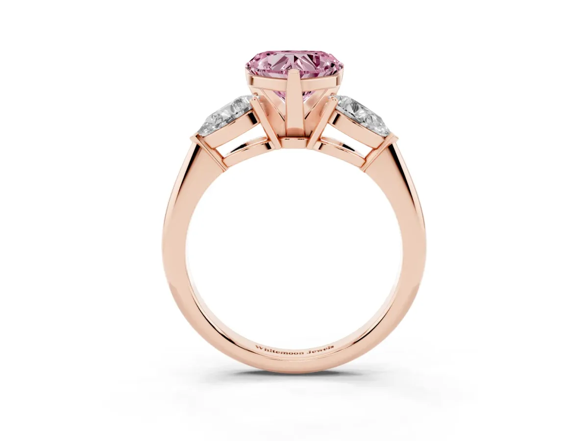Fancy Pink Three-Stone Heart Cut Diamond Ring with Pear Side Stones and Four-Prong Setting Rose gold