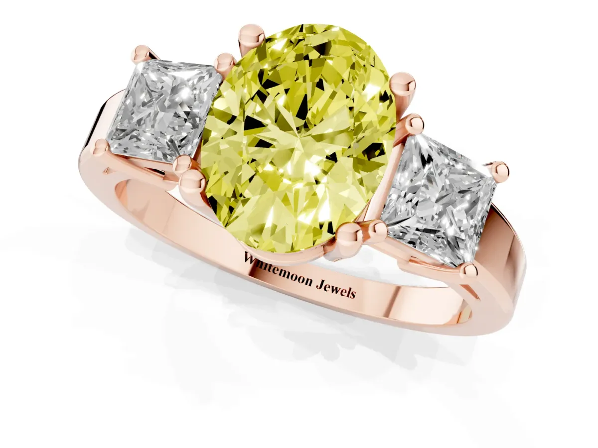 Fancy Yellow Three-Stone Oval Cut Cut Solitaire Ring with Prong Setting Rose gold