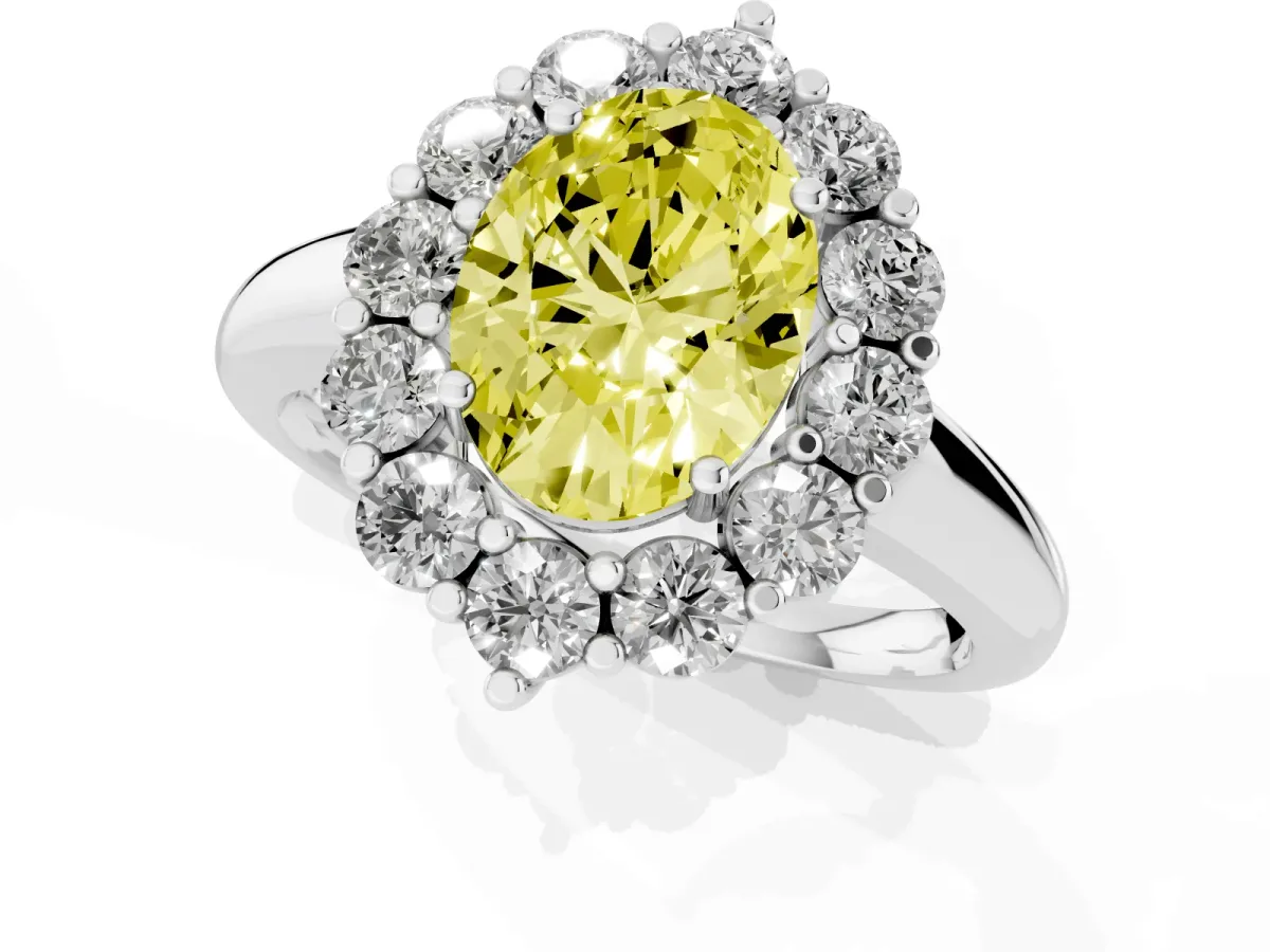 Fancy Yellow Oval Cut Halo Cluster Diamond Engagement Ring with Prong Setting and Polished Band Platinum