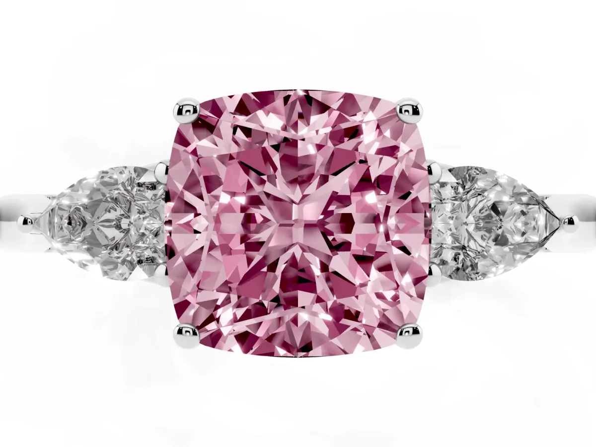 Fancy Pink Three-Stone Cushion Cut Brilliant Diamond Solitaire Ring with Tapered Band and Four-Prong Setting White gold