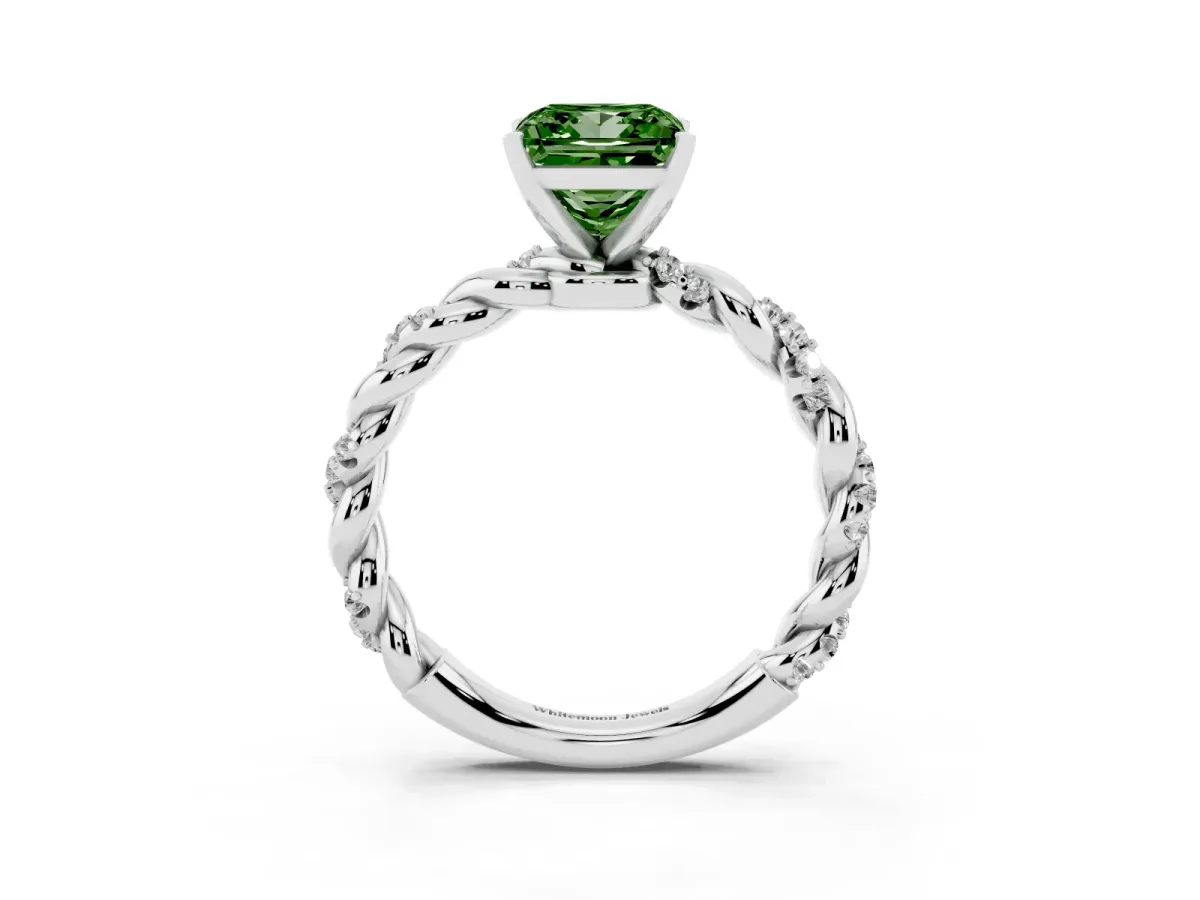 Fancy Green Princess Cut Diamond Solitaire Ring with Twisted Band and Pavé Accents Silver