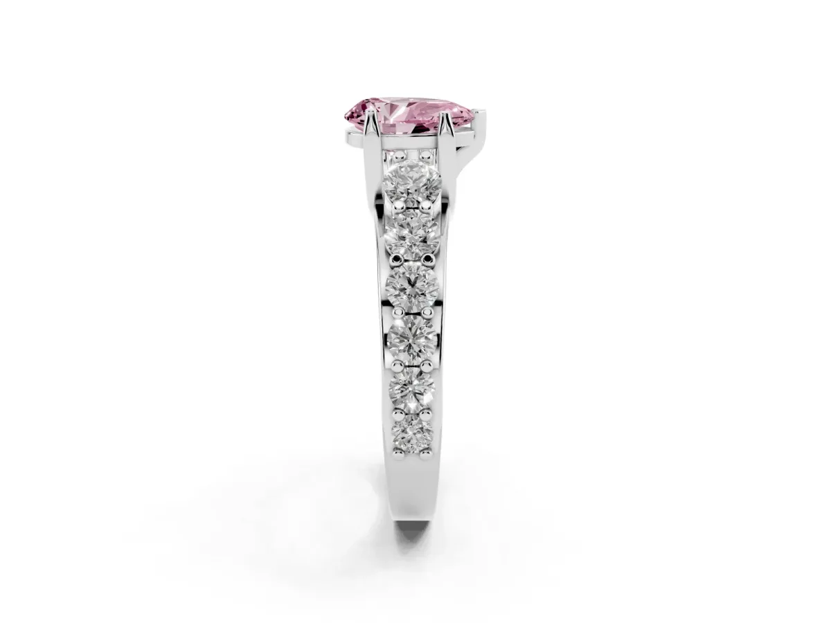 Fancy Pink Pear Cut Diamond Engagement Ring with Pavé Band and Four-Prong Setting White gold