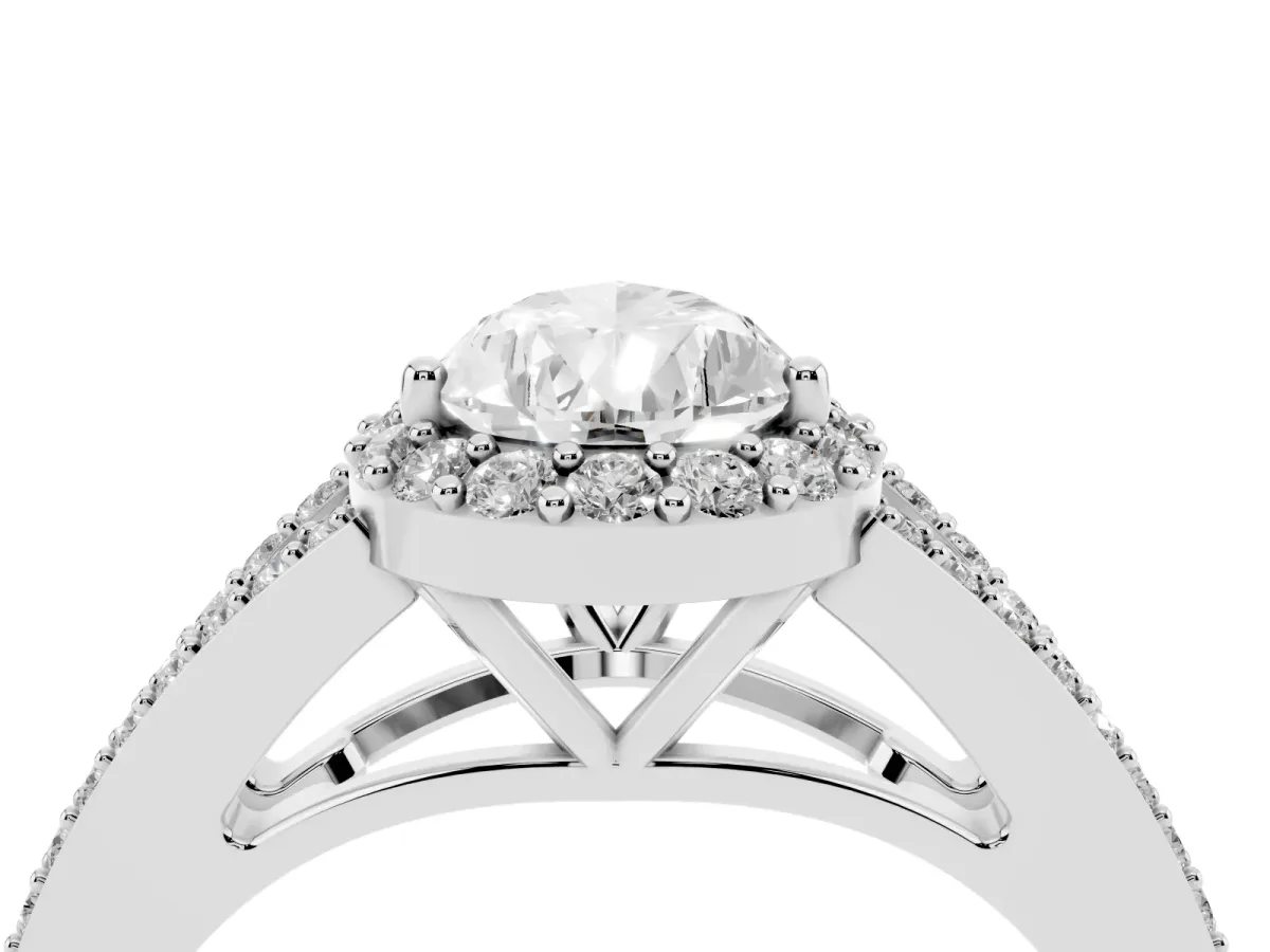 Pear Cut Halo Split Shank Diamond Ring with Prong Setting Platinum