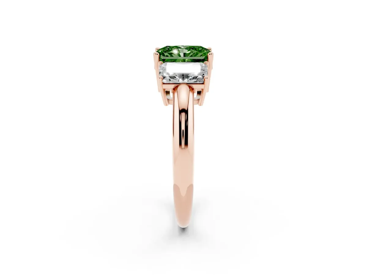 Fancy Green Three-Stone Radiant Cut Cut Diamond Engagement Ring with Prong Setting on a White Gold Band Rose gold