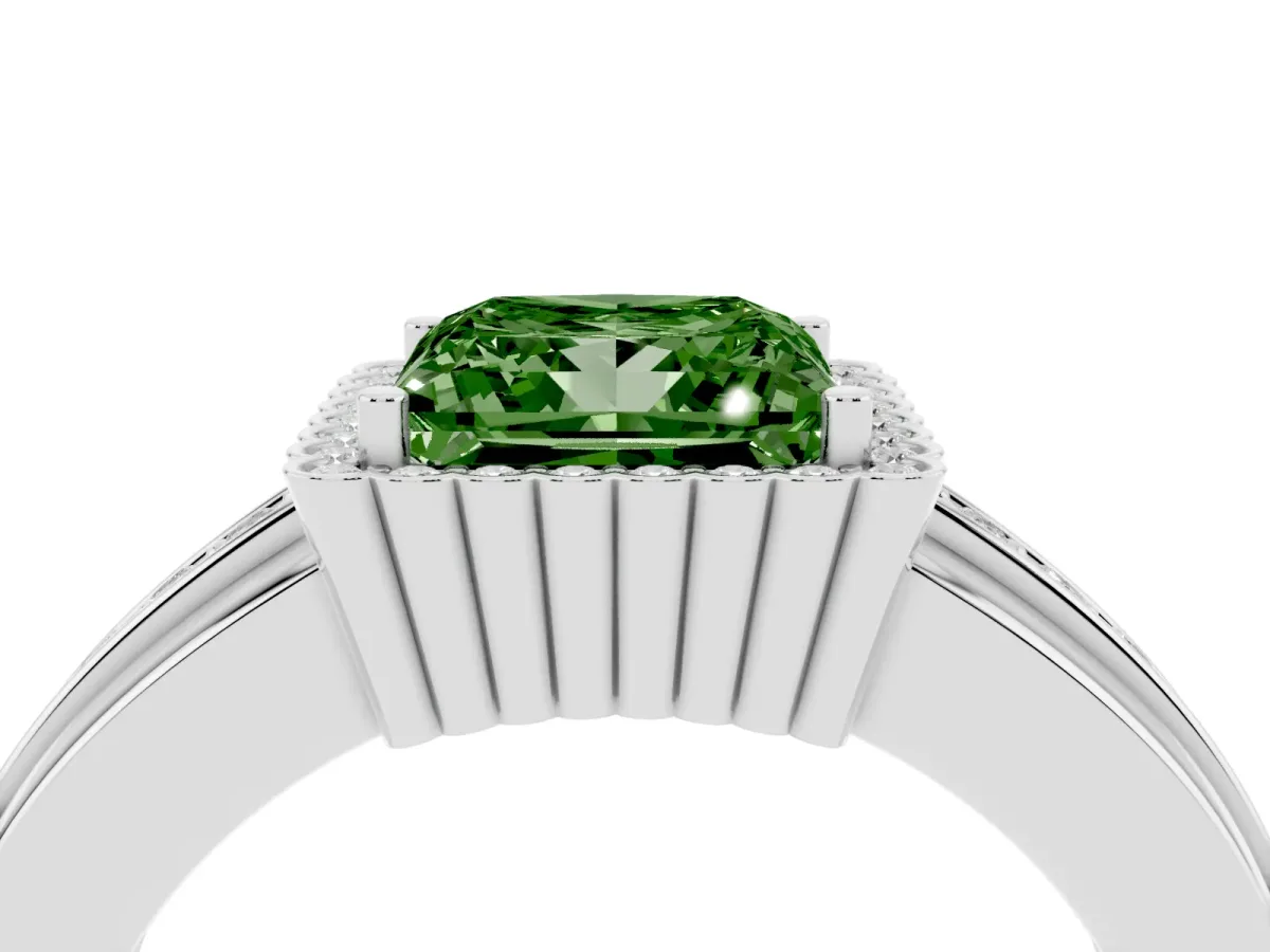 Fancy Green Princess Cut Cut Halo Pave Band Four-Prong Ring Silver